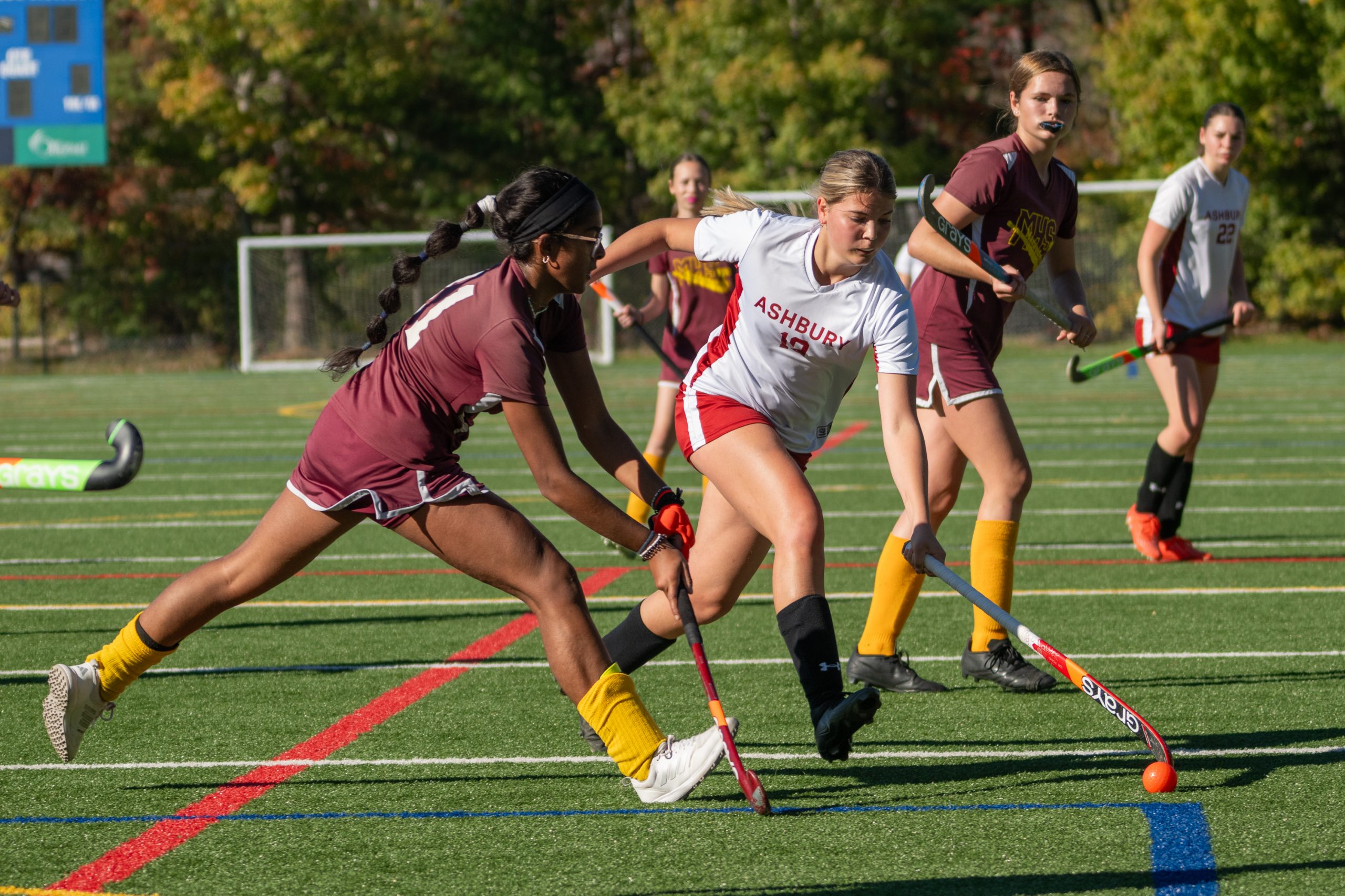 Young women playing field hockey